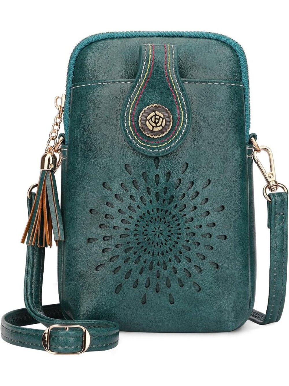 Women's Peacock Blue Small Crossbody Bag Leather Purse With Adjustable Strap